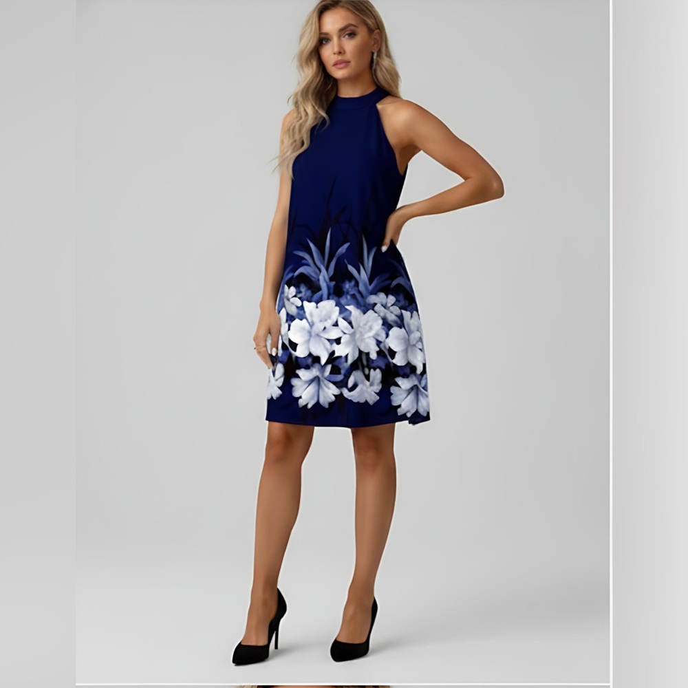 Boho Floral Print A-Line Halterneck Dress Blue